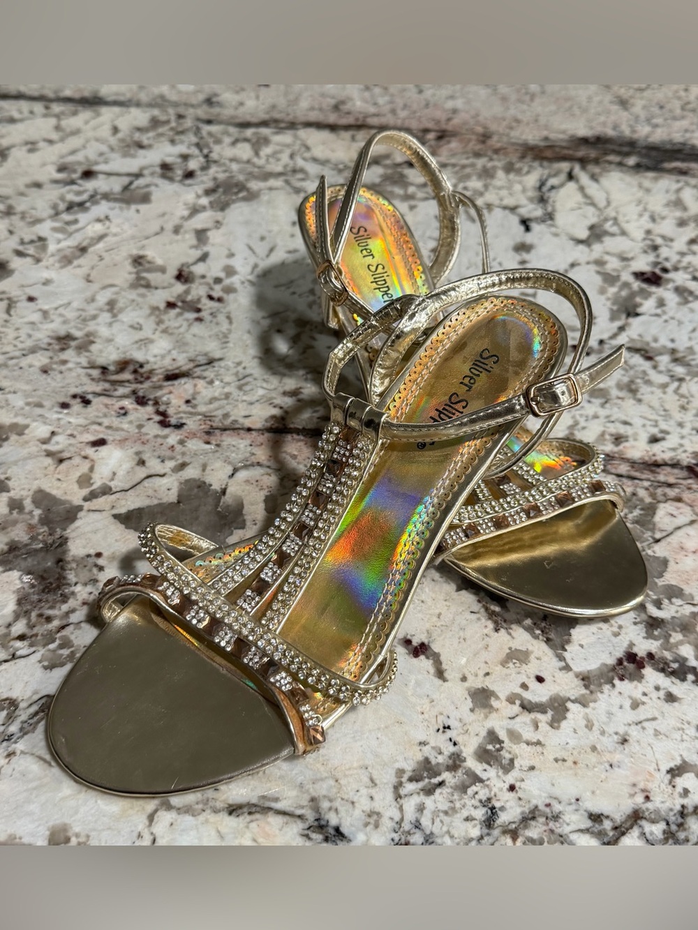 Silver Slipper Gold Rhinestone Strappy Stiletto Heels Open Toe Women’s 6.5 W